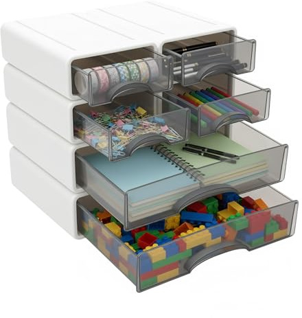 6 Schubladen Büro Aufbewahrungsbox, Schreibtisch Organizer Schublade Groß Transparent, Schubladenbox Stapelbare Aufbewahrungsboxen für Schminktisch, Büro, Bad (Weiß)