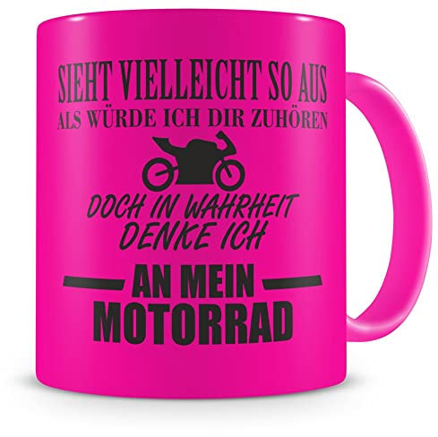 Samunshi® Tasse mit Spruch Ich denke an mein Motorrad Geschenk für Männer Kaffeebecher Kaffeepott neon pink