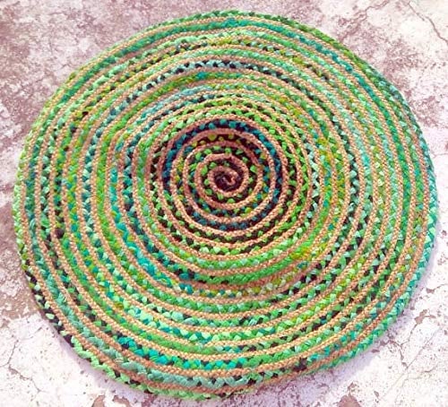 Sophia-Art Bohemian Multi Colored Indian Handmade Braided Round Boho Indian Mat Reversible Colorful Cotton Jute Chindi Round Mat (Grün, 36 Zoll / 3 Fuß)