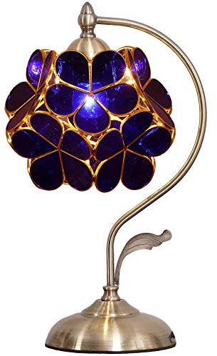 Bieye Lampe de table en vitrail style Tiffany avec pétales de fleurs et base en laiton pour la décoration intérieure (Bleu, Fleur de cerisier 8)