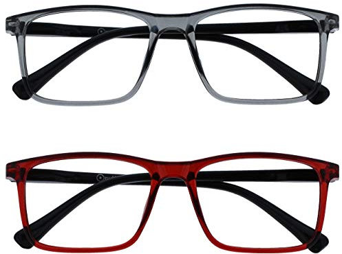 OPULIZE INK Lesebrille für Damen und Herren - 2er-Pack - Groß Rechteckiger Rahmen - Komfort Federscharniere - Kratzfest - Grau Rot +2.00
