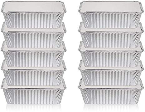Pack of 10 Rectangular Aluminum Container Pans with Lids ~ Foil Trays with Lids ~ Good for Baking, Cooking, Storing and Freezing ~ Small Loaf Size 19.5.cm x 10.5cm (7.6inch x 4.1inch)