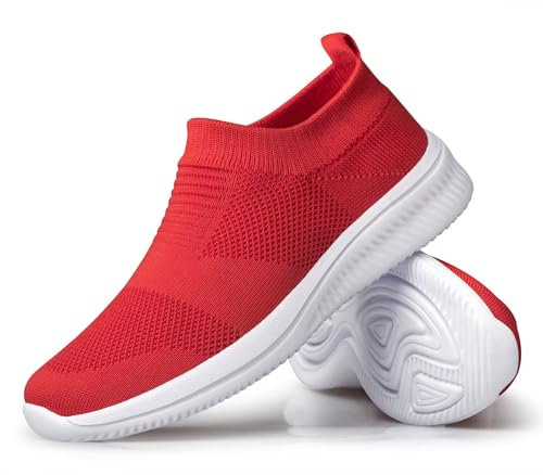 vibdiv Damen Wanderschuhe Sneakers Daily Schuhe Slip-on Leicht Bequem,Rot Weiß 41
