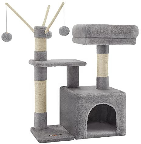 FEANDREA Cat Tree, Small Cat Condo, 72 cm, 3 Pompoms, Light Grey PCT121W01