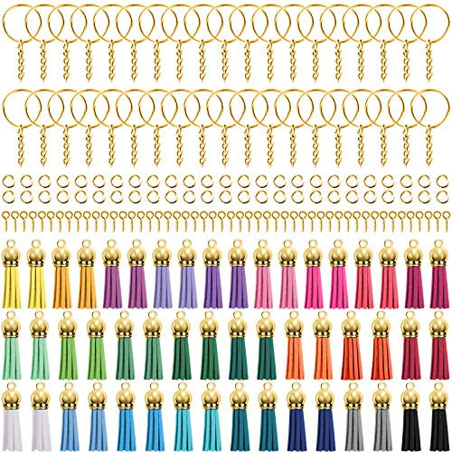 Duufin 200 Stück DIY Schlüsselanhänger Set mit 50 Stück Quaste Anhänger 50 Stück Schlüsselringe mit Kette 50 Stück Biegeringen und 50 Stück Schraubenösen für Schlüsselbund Zubehör Dekoration