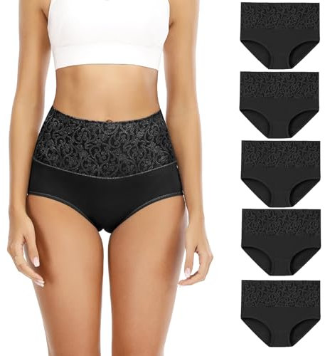 Senllori Damen-Unterwäsche, hohe Taille, Baumwolle, Bauchkontrolle, weiche volle Abdeckung 5 Pack, Schwarz Größe S