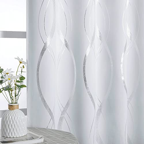 PONY DANCE Rideaux Salon - Rideaux Occultant Isolation Lumière Thermiques Motif Argenté Rideaux à Oeillets Draperie de Fenêtre Anti UV Elegant, 140 x 220cm, Gris Blanc, 2 Panneaux