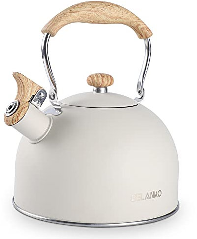 BELANKO Tea Kettle, 85 OZ / 2.5 Liter Whistling Tea Kettle, Tea Pots for Stove Top Food Grade Stainless Steel with Wood Pattern Folding Handle, Loud Whistle Kettle for Tea, Coffee, Milk - Milk White