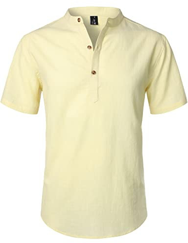 LucMatton Men's Casual Cotton Linen Short Sleeve Henley Shirt Summer Lightweight Banded Collar Beach Tops Beige Large