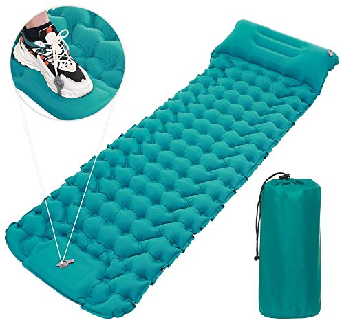 Fanwer Inflatable Sleeping Self Mat Mattress with Pillow,Waterproof Folding Single Camp Air Bed & Connectable Double,Ultralight Camping for Backpacking,Camping,Hiking,Beach(Blue+Green, 10cm)