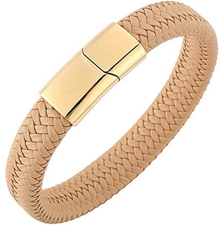 Wycian Edelstahl Armband Vergoldet, Freuschafts Armband Geflochtenes Lederarmband Im Einfachen Stil 16.5CM Rostfreier Stahl für Männer Frauen