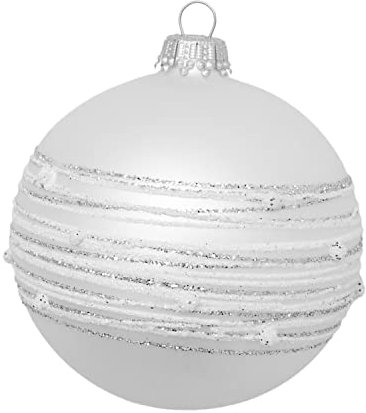 Krebs Glas Lauscha - Weihnachtsdekoration/Christbaumschmuck aus Glas - Weihnachtskugeln - Motiv: Silber-matt mit Streifen und Punkten - Größe: 6 mal 8cm