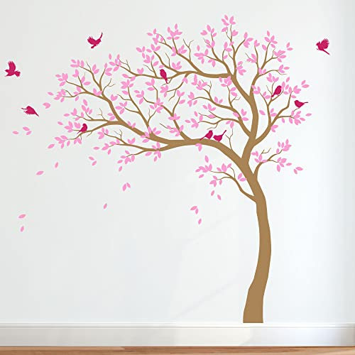 Großer Baum Wandaufkleber Kinderzimmer Wand Baum Aufkleber mit Vögeln Baum Wandsticker Wandtattoo Vinyl Wanddekor KW032 (Äste nach links, Hellbraun, Weiches Rosa; Heißes Rosa)