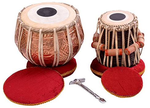 Indisches Musikinstrument Tabla-Trommel-Set, feinstes Bayan & Dayan, mit Buch, Hammer, Kissen und Bezug, Kupfer-Design 2