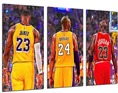 DKORARTE Modernes Wandbild, Basketball, Legenden, NBA, Michael Jordan, LeBron James, Kobe Bryant, 97 x 62 cm, 3-teilige Holzfoto-Komposition, Schlafzimmer-Dekoration