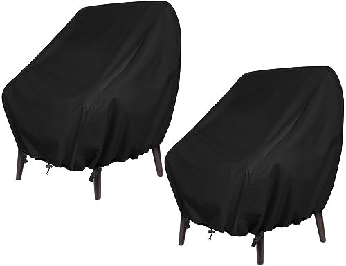 GARPROVM Housses Chaise Jardin 2 Pcs, Housse Fauteuil Jardin Exterieur en Tissu Oxford 420D Housse de Chaise Exterieur Impermeable avec Boucle Cordon de Serrage, 89 x 97 x 74 cm, Noir