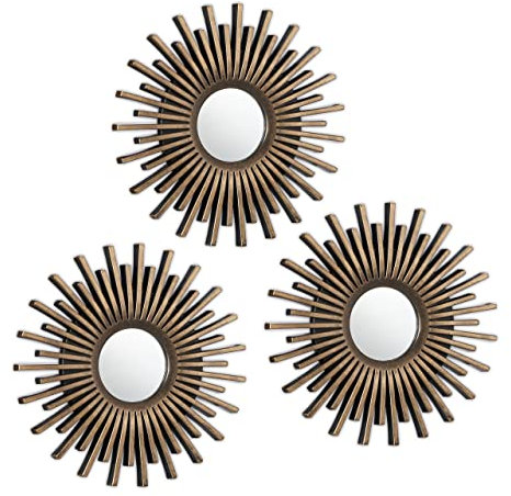 Relaxdays Spiegel 3er Set, runde Sonnenspiegel, Ø 25 cm, Wohnzimmer, Flur, Dekospiegel Sonne, Kunststoff-Rahmen, Gold