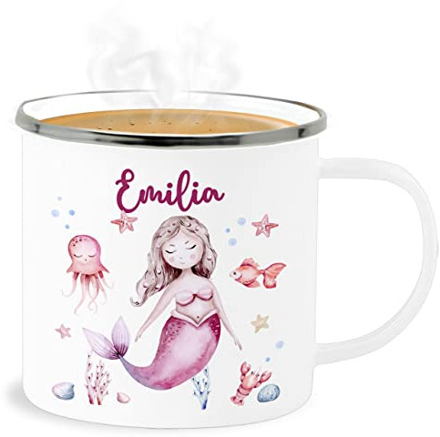 Emaille Becher Blechbecher - Meerjungfrau Nymphe Nixe - 300 ml - Weiß Silber - meerjungfrauen nymph tasse mermaid motiv personalisierte und eigenem