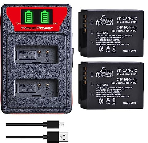 Pickle Power 2 Stück LP-E12 Akku und LED Dual Ladegerät für Canon EOS M100, SX70 HS, Rebel SL1, EOS 100D, EOS M, EOS M2, EOS M10 EOS M50 m50 Mark ii Digitalkamera