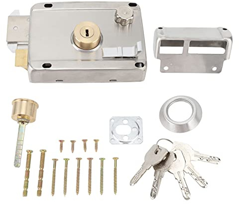 Exterior Mechanical Anti Theft Lock with Handle Rust Prevention Stainless Steel Exterior Gate Lock for Wooden Door Silver, Home Safety Vertical Keyway Cylinder Deadbolt Rim Lock Set,