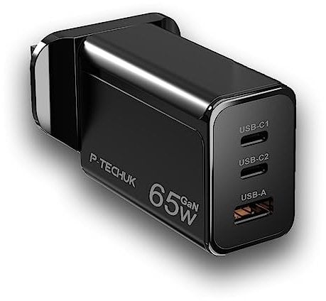 P-TECHUK 65W 3-Port GaN Type C PD Fast Power Charger Adapter, Wall Charger for iPad Air/Mini, MacBook, iPhone 13/14, Samsung S22 S23, Tablets, Dell XPS Laptop. UK Plug (Black)