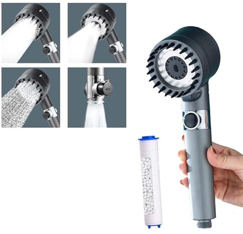 Longzhuo Shower Head with Filter, 4 Modes, Universal Handheld for Low Water Pressure, Multi-Functional with Scalp Massager Shampoo Brush (Black)