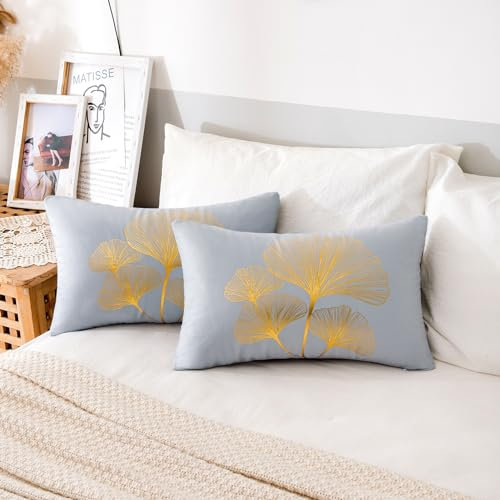 Kissenbezug Grau 30x50cm Kissenbezüge Samt Kissenbezug Gold Ginkgo Biloba Blätter Kissenbezug Set Zuhause Dekoration Kissenbezug Kissenhülle Zierkissenbezüge für Sofa Wohnzimmer 2er Set