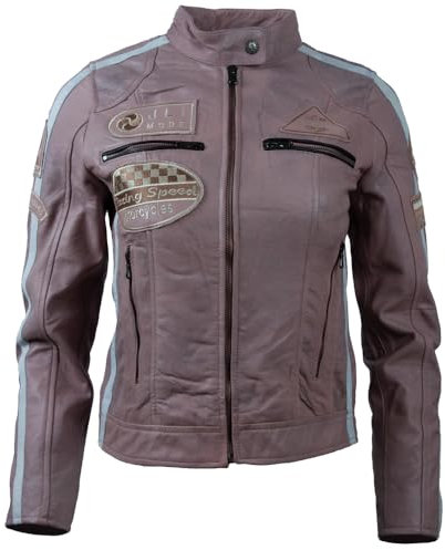 Aviatrix QOOC Veste de motard tendance en cuir véritable pour femme, Rose 2., XXL