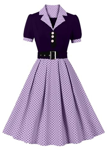 Abito vintage da donna, a pois, per il tempo libero, elegante, linea ad A, a vita alta, a tunica, per feste, cocktail, feste, da ballo, da damigella d'onore, Lilla, L