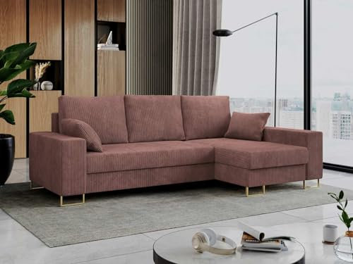 MKS MEBLE Cord Ecksofa - L-Form Cord Sofa mit Schlaffunktion - Wohnlandschaft L Form, Ecksofa mit Schlaffunktion und Bettkasten, Schlafsofa mit Bettkasten, Couch mit Schlaffunktion - Braun Dorian