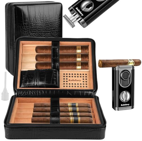 Kalolary Cave à cigares, Boîte à cigares Etui de Voyage Portable pour 8 cigares Cuir Portable de Voyage en Bois de cèdre Cave à cigares, Accessoire Cigare (Noir)