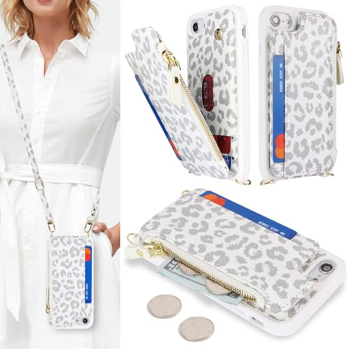 SailorTech Handyhülle für iPhone 7/8 Etui mit Kartenfach, iPhone SE2/SE3 Hülle mit Verstellbarer Halskette, iPhone 7/8/SE 2020/SE 2022 Handytasche mit Reißverschluss Geldbörse - Weißer Leopard