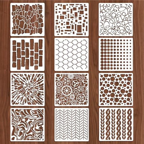 Jeffdad Schablonen Textilgestaltung, 12 Stück Kunststoff Schablonen Set Airbrush Schablonen Wiederverwendbar Schablonen Malen ür Scrapbooking, Kekse Fliesen Möbel Wand Boden Dekoration(12 Stk Stil 2)