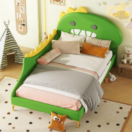 MQLAE Kinderbett 90x200, Mädchen Bett Jugendbett Polsterbett Einzelbett, Dinosaurierform, Bettgestell mit Lattenrost und Weiche Rückenlehne, Bett für Jungen und Mädchen, PU, Grün, ohne Matratze