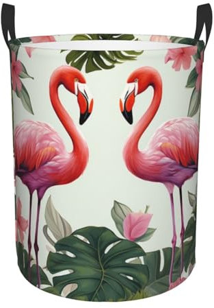 OUSIKA Grand panier à linge pliable avec poignée - Imperméable - Panier à linge sale - Flamant rose - Oiseau - Feuilles vertes - Panier de rangement rond décoratif pour salon, chambre à coucher, salle