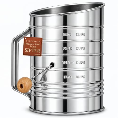 Bellemain 5 Cup Flour Sifter for Baking Fine Mesh Rotary Hand Crank with Loop Agitator for Quick Sifting, Flour Sifter Stainlees Steel