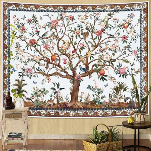 Faxdong Boho-Wandteppich, Baum des Lebens, Vintage-Blumenblätter, Vögel, Pflanze, Tiermuster, Retro-Wandteppich, indisch, böhmisch, ästhetischer Wandbehang, Weiß, 91,4 x 121,9 cm