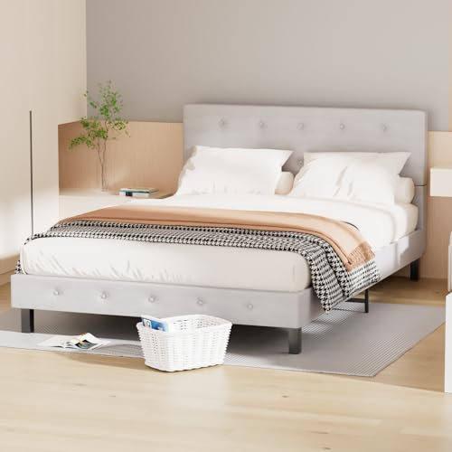 Cecaylie Bettgestell 140X200cm, Polsterbett mit Stoffkopfteil und Stoffumrandung, Lattenrost aus massivem Holz, hochwertiges Einzelbett Doppelbett, Matratze Nicht im Lieferumfang enthalten, hellgrau