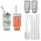 Relaxdays Verre strié à Eau, Lot de 4, Convient au Lave-Vaisselle, avec Paille, Design rétro, 325 ML, Transparent