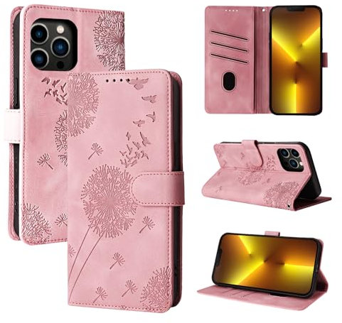 Rostsant Handyhülle für iPhone 13 Pro Max 6.7 Zoll - Löwenzahn PU Leder Flip Case Brieftasche Tasche Hülle Magnetisch - Roségold