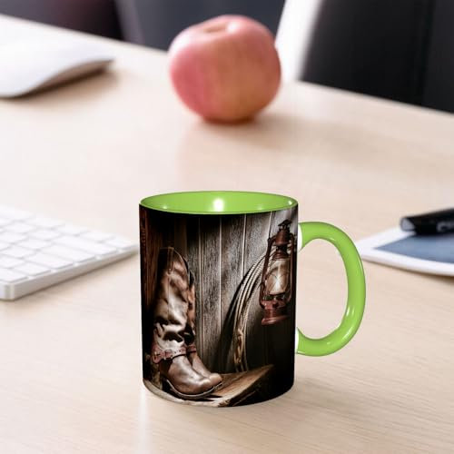 SDAEMQ Tazas de Café, Taza de Cerámica para Té y Café - Regalo Original - 330 ml - Desayuno Tazas Tazas graciosas, y linterna en un banco en una impresión folclórica nostálgica de estilo ranchero vint