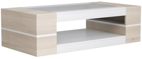 KEEPREAPER Couchtisch Glas Natur，Wohnzimmertisch rechteckig mit stauraum modern für Wohnzimmer,120x60x35cm