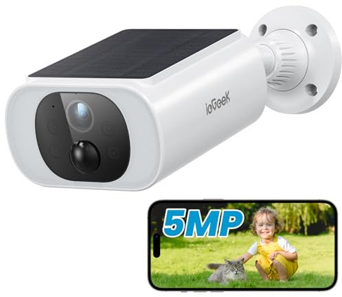 ieGeek 5MP Telecamera di Sorveglianza Esterna WiFi, Pannello Solare Incorporato, Videocamera Sorveglianza Esterna con Batteria, Rilevamento Smart PIR (Bianco-5MP)