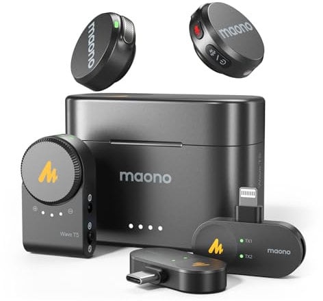 MAONO Wireless Lavalier Microphone for iPhone/Android/Camera/PC, Mini Microphone with 48KHz/24Bit, Noise Reduction, 30H Battery. Clip-On Lapel Mic for Video Recording, Vlogging, Live Streaming-Wave T5