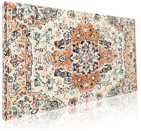 Gaming-Mauspad im Vintage-Stil, XXL, Orange, Blaugrün, Retro-Teppich, ästhetisch, erweitert, große Matte, Bohemian-Boho-Mauspad, Schreibtischunterlage, rutschfeste Gummiunterseite, genähter Rand,