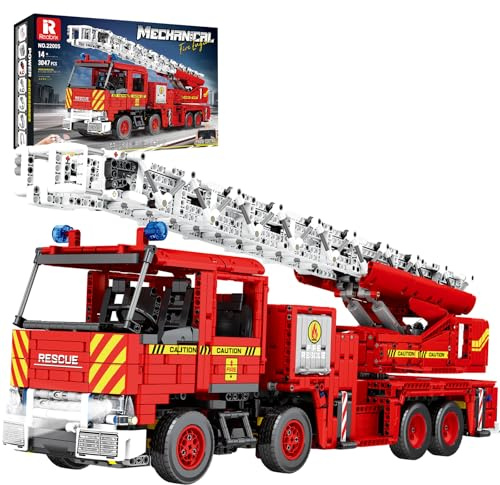 Reobrix RC Fire Ladder Truck Building Block, APP/Remote Control Engineering Fire Rescue Vehicle with Retractable Ladder/Stabilizer Leg, 22005 Technical Brick Car Gift for Adult Teens 14+ (3047Pcs)