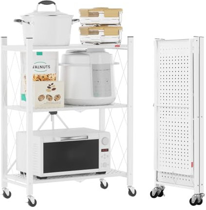 DEANIC Folding Storage Shelves,3 Tiers Metal Shelving Units for Storage 61x85x28 CM, Corner Kitchen Shelves on Wheels,Pantry Shelves,Bookcase for Living room White