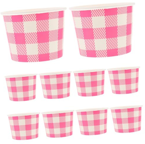 Zerodeko 10pcs Disposable Ice Cream Cups Pink Checkered Paper Bowls for Parties Picnics and Treats Convenient Dessert Bowls for Ice Cream Yogurt and Snacks
