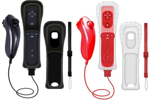 CLVIZCXOM (2 Sets / 8 Stück!) Fernbedienungs-Doppelpack kompatibel mit Nintendo Wii/Wii U Konsolen: 2 Fernbedienungen + 2 analoge Joysticks + 2 Hüllen + 2 Armbänder, mit Motion Plus (Schwarz & Rot)