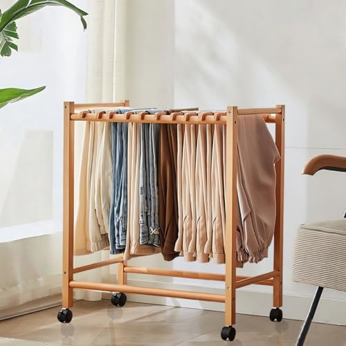 Hosenbügel Holz mit 12 Kleiderstangen Hosenaufbewahrungswagen Mit 4 Rädern Beweglicher Hosenständer für Wohnzimmer/Schlafzimmer/kleine Schränke Kleiderbügel für Hosen(Wood Color)
